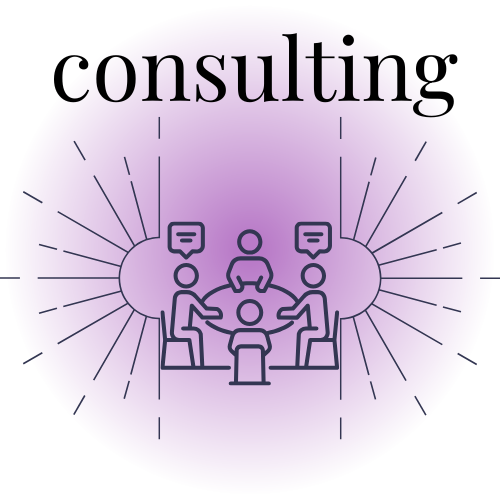 purple background with icon of people working, says